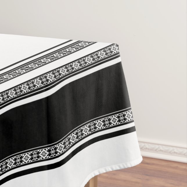 Black and white lace braid and horizontal stripes  tablecloth (In Situ)