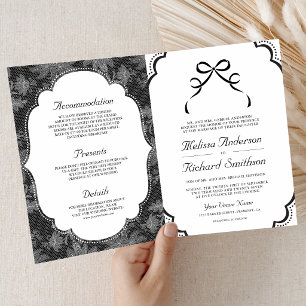 Black and White Lace Coquette Bow QR Code Wedding Invitation