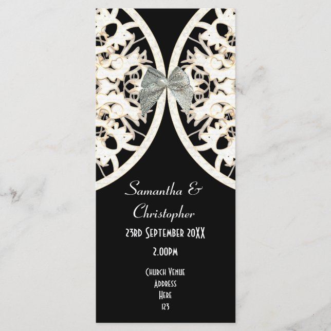 Black and white lace damask church wedding program programme (Front)