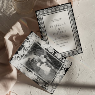 Black and white Lace Old Money Wedding Photo Invitation