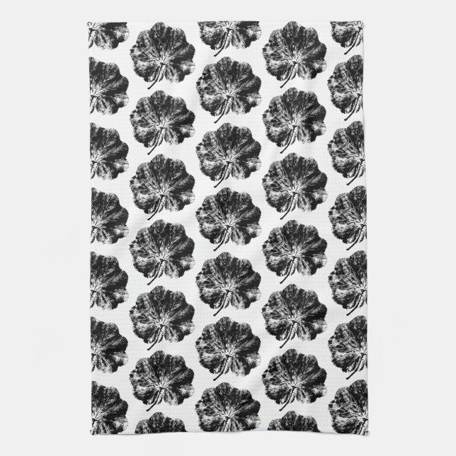 Black and White Lady's Mantle Leaf Print Pattern Tea Towel (Vertical)