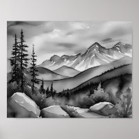 Black and white landscape painting of mountains