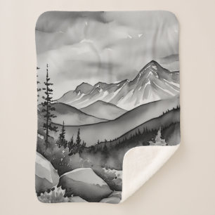 Black and white landscape painting of mountains sherpa blanket