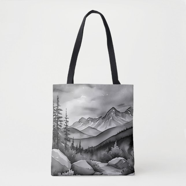 Black and white landscape painting of mountains tote bag (Front)
