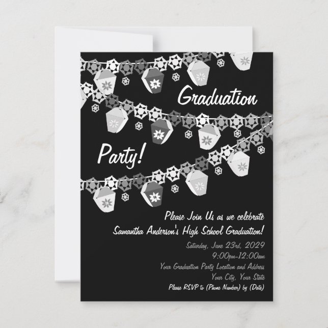 Black and White Lanterns Graduation Party Invite (Front)