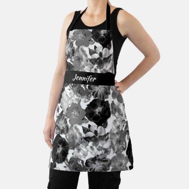 Black and White Large Bloom Roses Apron (Insitu)