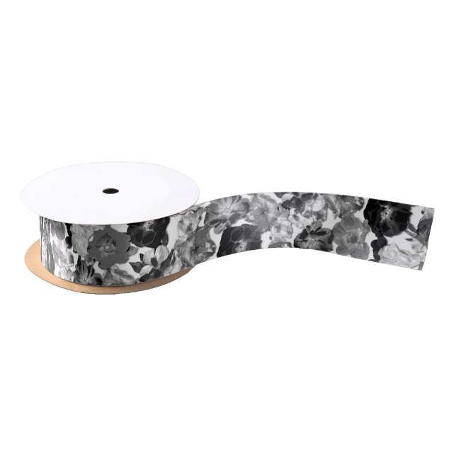 Black and White Large Bloom Roses Satin Ribbon (Spool)