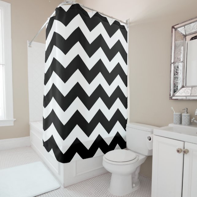 Black and White Large Chevron Pattern Shower Curtain (In Situ)