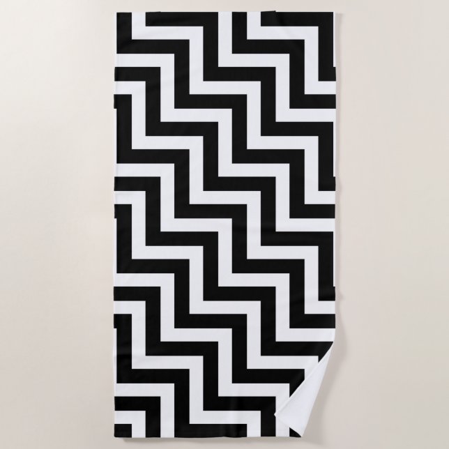 Black and White Large Diagonal Chevron Stripes Beach Towel (Front)