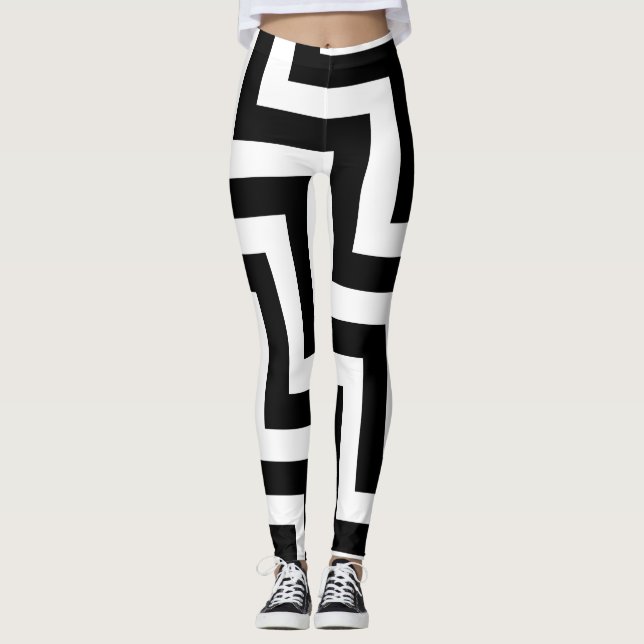 Black and White Large Size Diagonal Chevron Leggings (Front)
