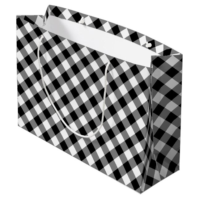 Black and White Large Size Diagonal Gingham Checks Gift Bag (Back Angled)