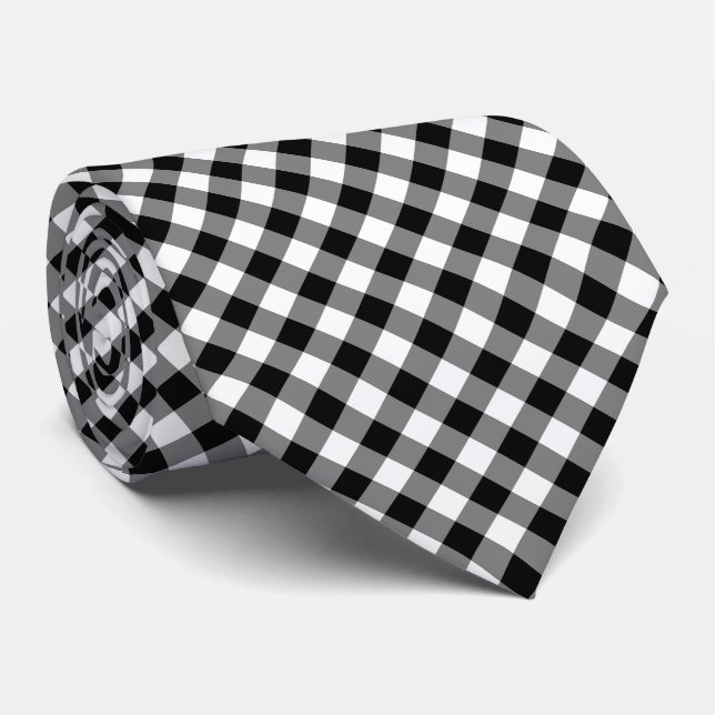 Black and White Large Size Diagonal Gingham Checks Tie (Rolled)