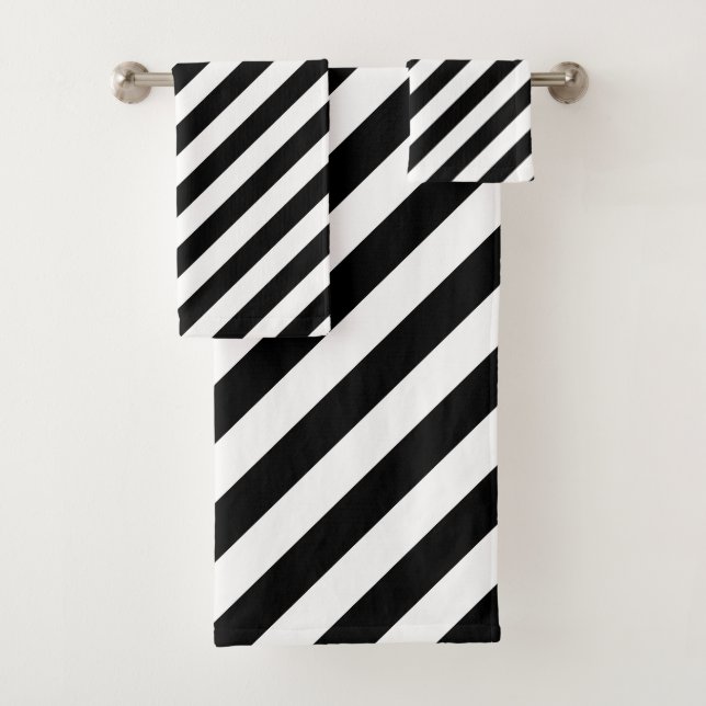Black and White Large Size Diagonal Stripes Bath Towel Set (Insitu)