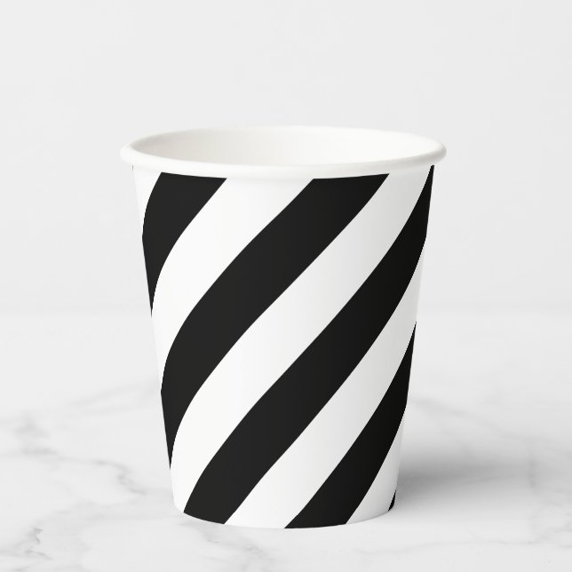 Black and White Large Size Diagonal Stripes Paper Cups (Front)
