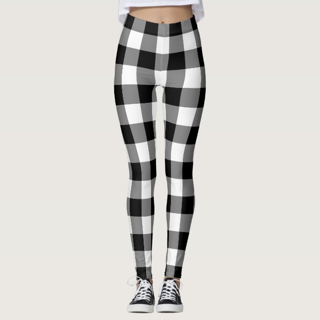 Black and White Large Size Gingham Checks Leggings (Front)