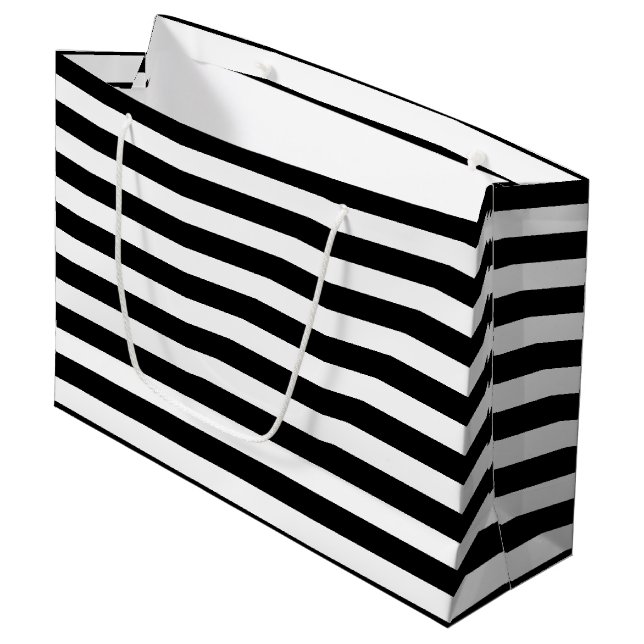 Black and White Large Size Horizontal Stripes Gift Bag (Front Angled)