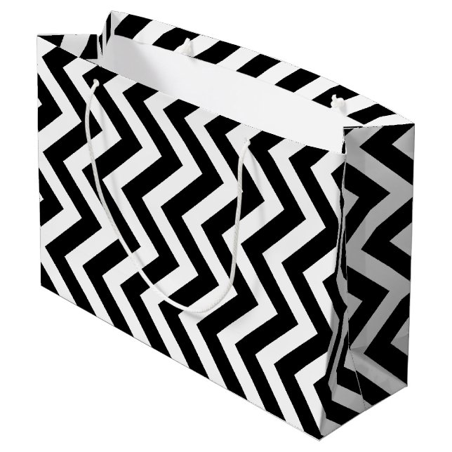 Black and White Large Size Vertical Chevron Gift Bag (Back Angled)