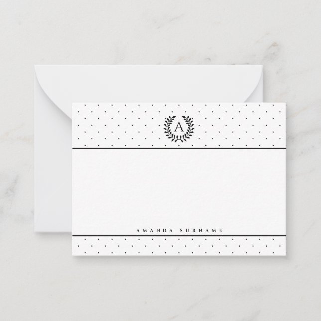 Black And White Laurel Monogram Polka Dot Pattern Card (Front)