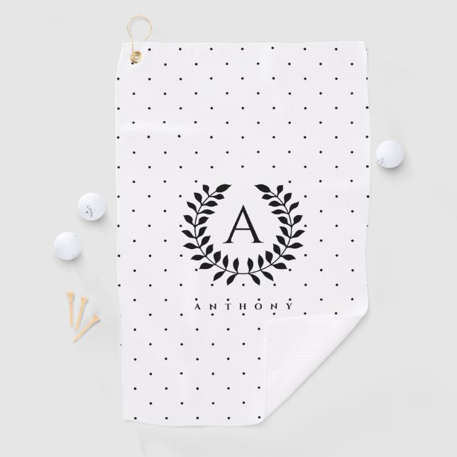 Black And White Laurel Monogram Polka Dot Pattern Golf Towel (InSitu)