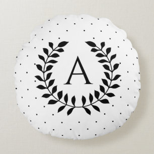 Black And White Laurel Monogram Polka Dot Pattern Round Cushion