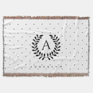Black And White Laurel Monogram Polka Dot Pattern Throw Blanket