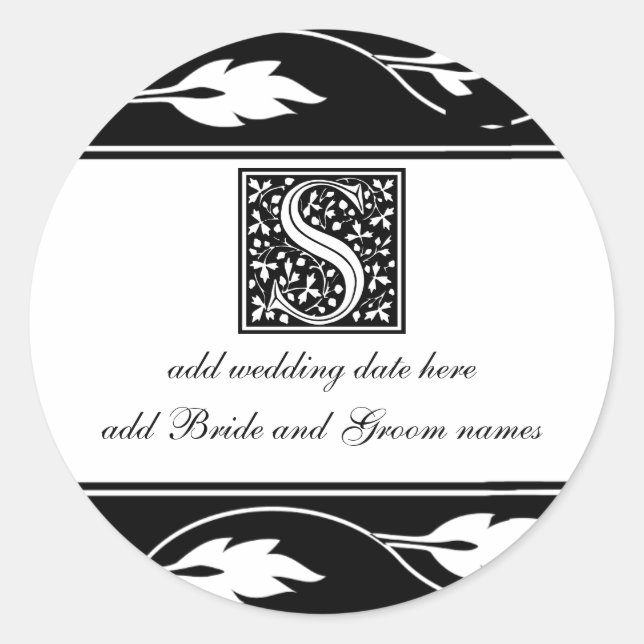 Black And White Leaf Monogram S Classic Round Sticker (Front)