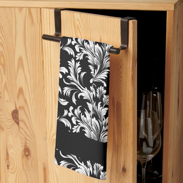 Black and White Leaf Pattern Kitchen Towel (Thirds Fold)