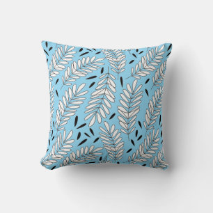 Black and white leaf pattern with blue background cushion