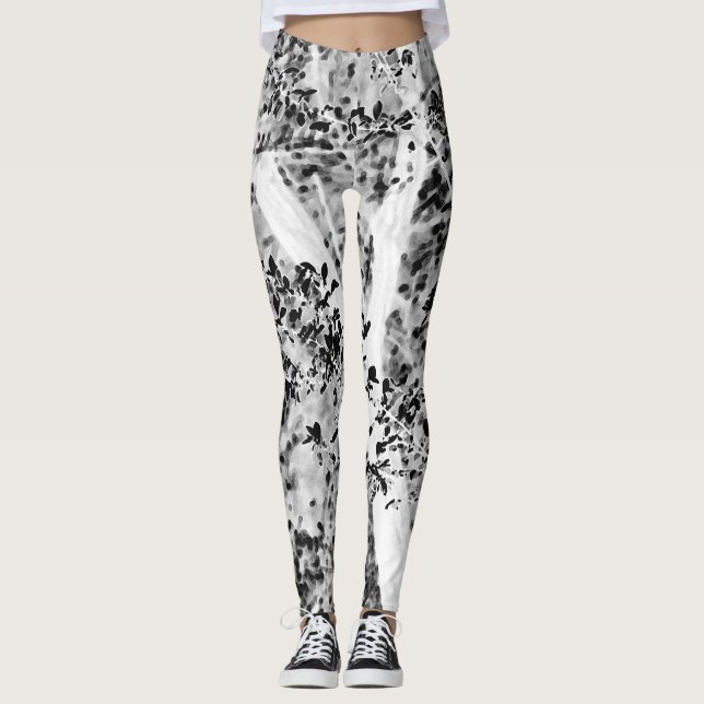 Black and White Leafy Yoga Exercise Running Leggings (Front)