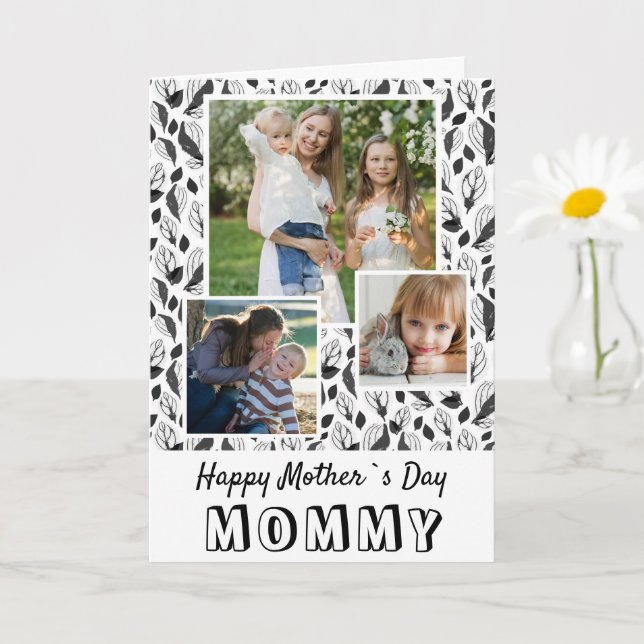 Black and White Leaves Happy Mother`s Day 3 Photo  Card (Small Plant)