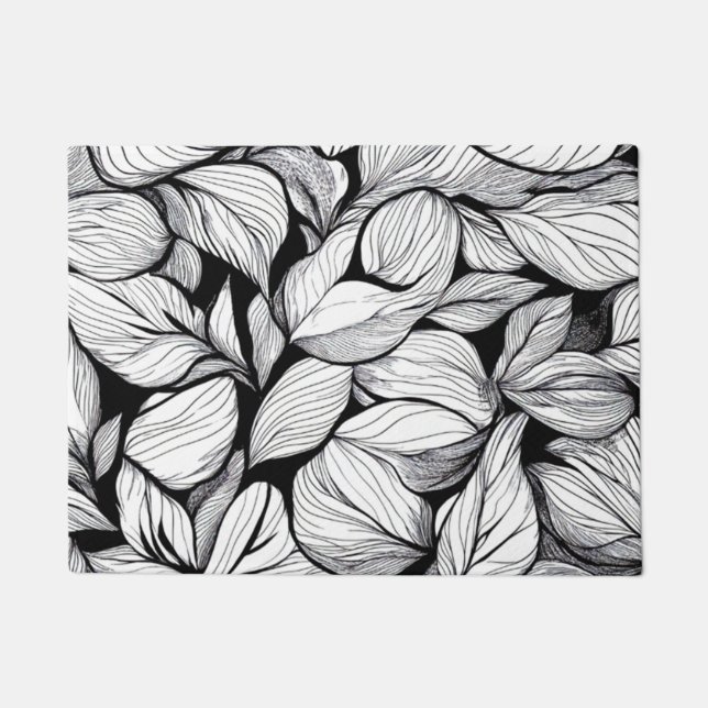 Black And White Leaves Pattern Doormat (Front)