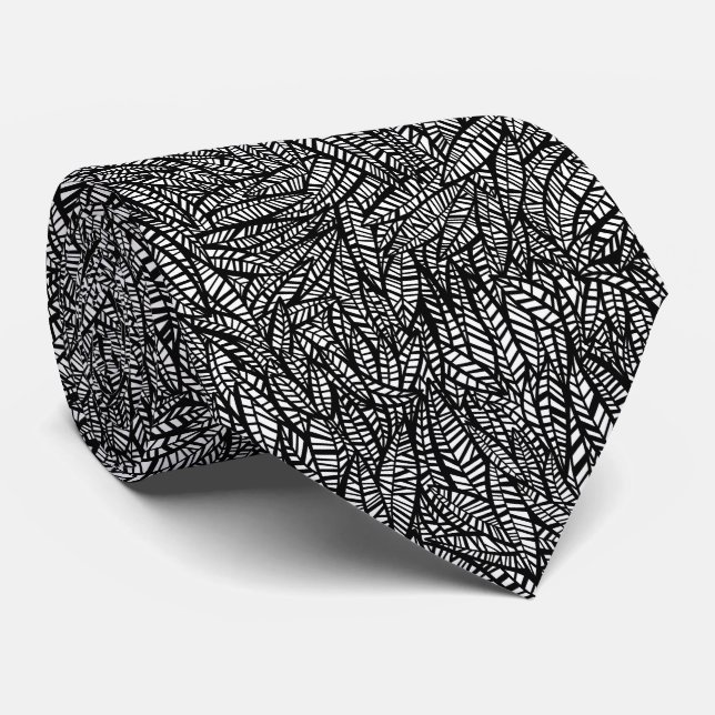 Black And White Leaves Pattern Tie (Rolled)