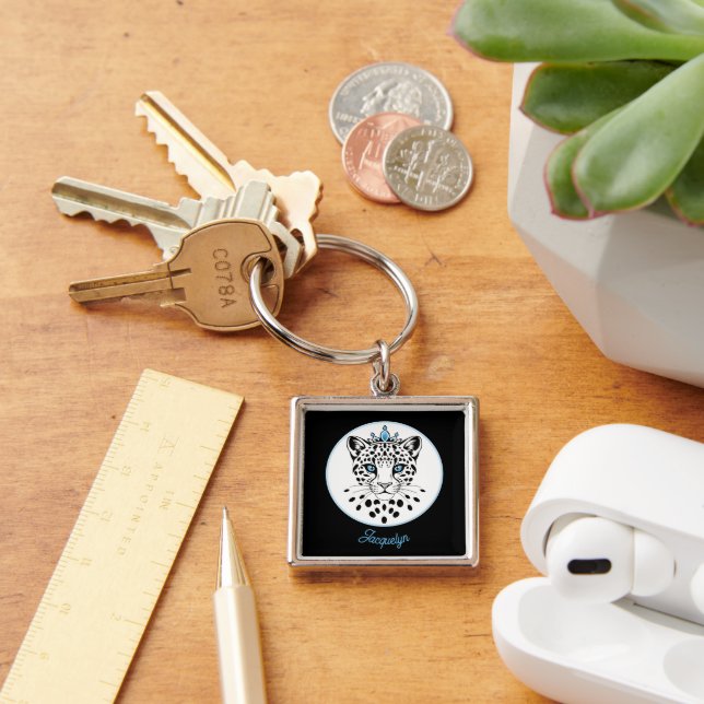 Black and White Leopard Crown Keychain Personalise (Desk)