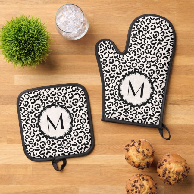 Black and White Leopard Monogram Oven Mitt & Pot Holder Set (Top Down)