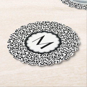 Black and White Leopard Monogram Paper Coaster
