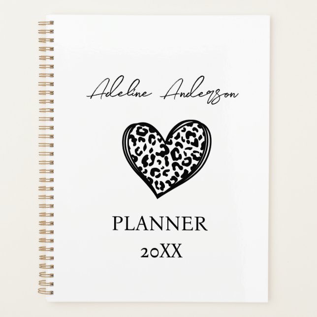 Black and White Leopard Pattern Heart  Planner (Front)