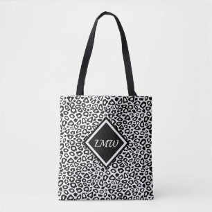 Black and White Leopard Pattern - Monogram Tote Bag