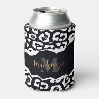 Black and White Leopard Print Can Cooler