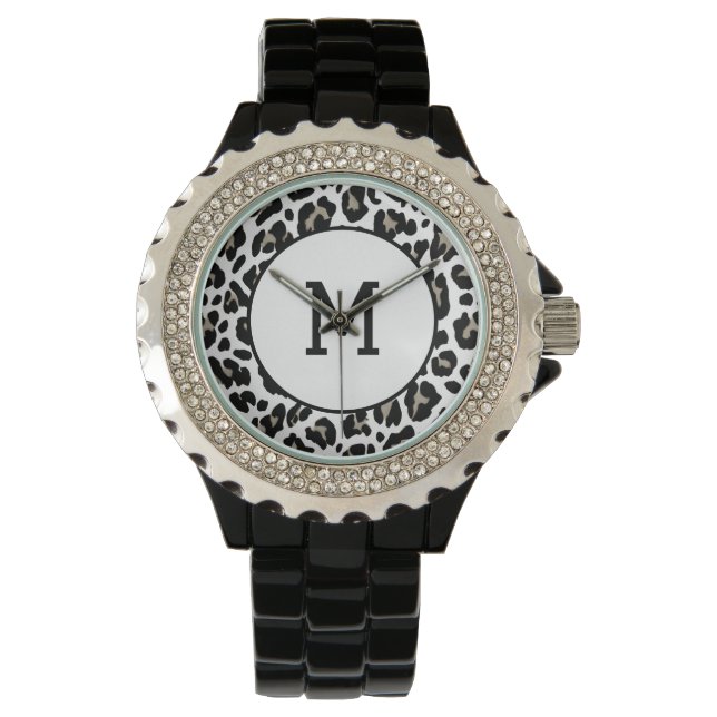 Black and White Leopard Print Fur Spots Initial Watch (Front)