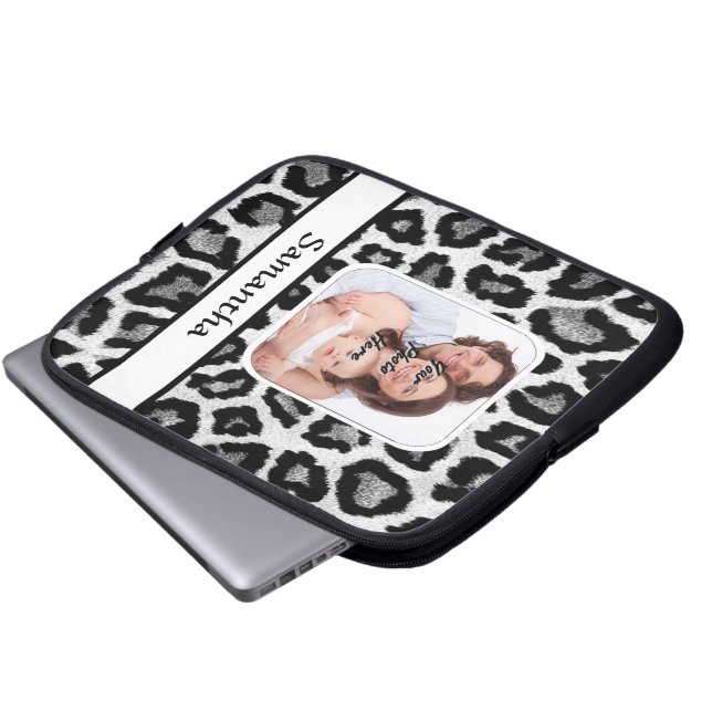 Black and white leopard print laptop sleeve (Front Bottom)
