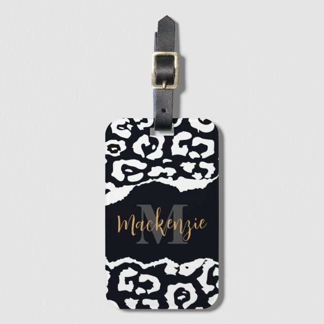 Black and White Leopard Print Luggage Tag (Front Vertical)