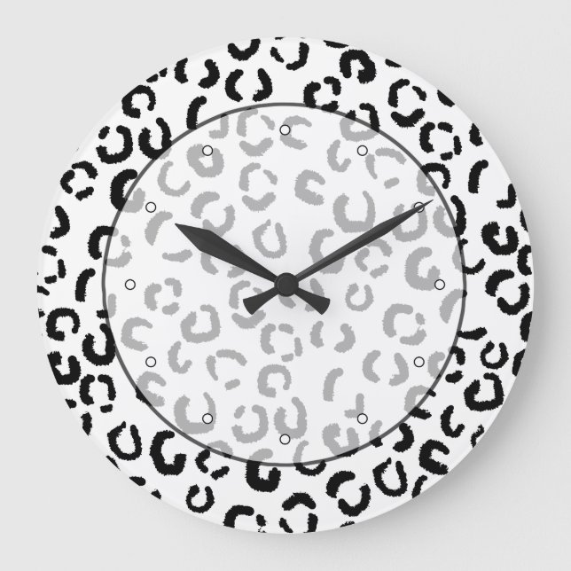 Black and White Leopard Print Pattern. Large Clock (Front)
