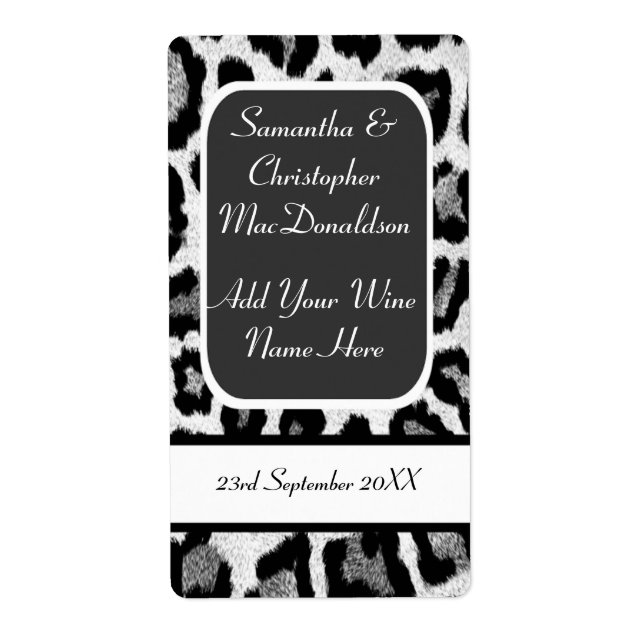 Black and white leopard print wedding wine bottle (Front)