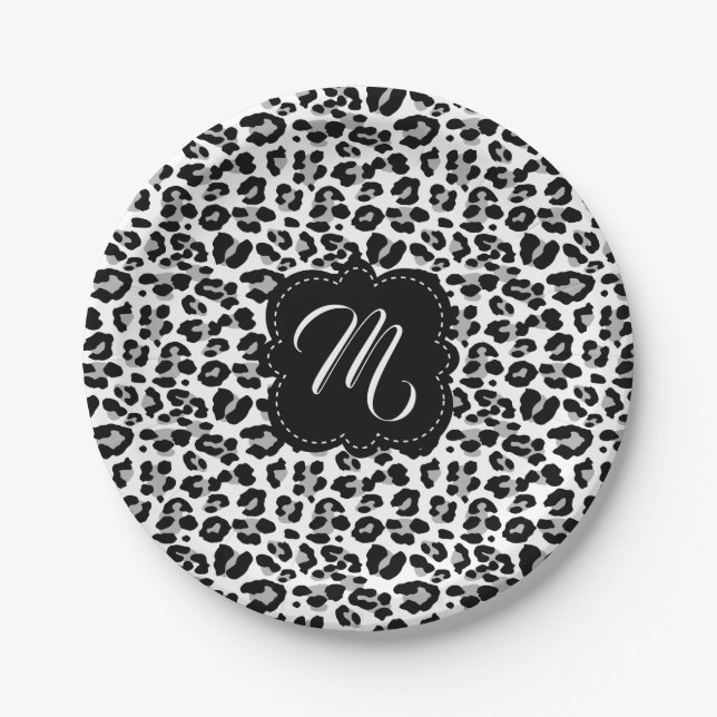 Black and White Leopard Print with Custom Monogram Paper Plate (Front)