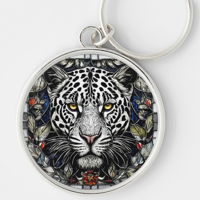 Black and white leopard surrounded by flowers key ring (Front)