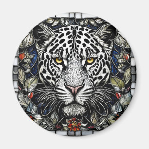 Black and white leopard surrounded by flowers magnet