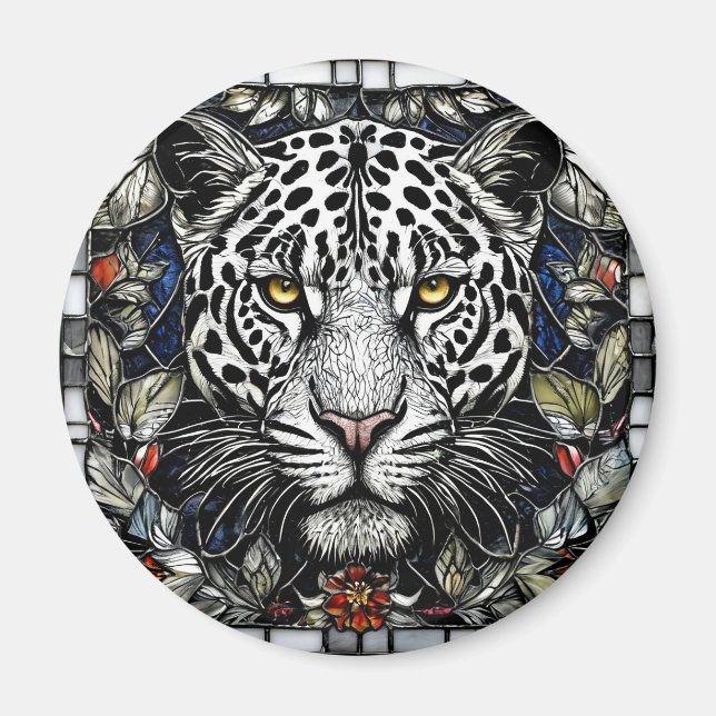 Black and white leopard surrounded by flowers magnet (Front)