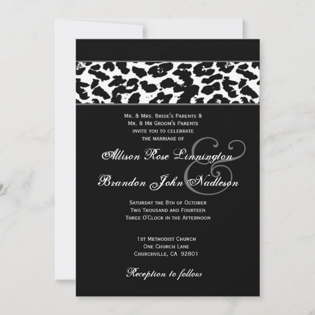 Black and White Leopard  Wedding Invitation (Front)