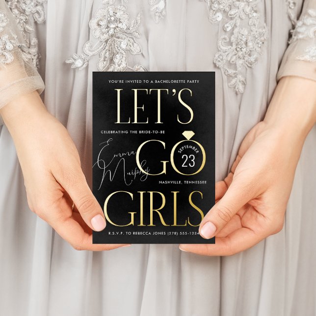 Black and White Lets Go Girls Bachelorette Party (black and metallic gold Let's Go Girls country western bachelorette party invitation)