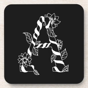 Black and White Letter "A" with Twining Flowers Coaster